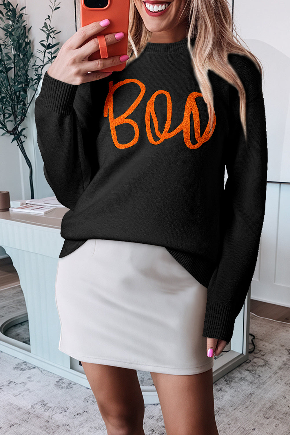 Boo Knitted Pattern Ribbed Edge Drop Sweater