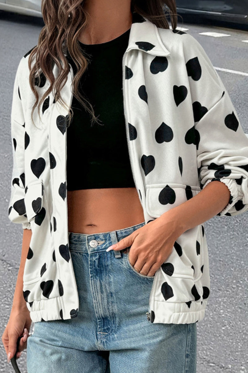 Heart Print Zip Up Sweet Style Cropped Jacket