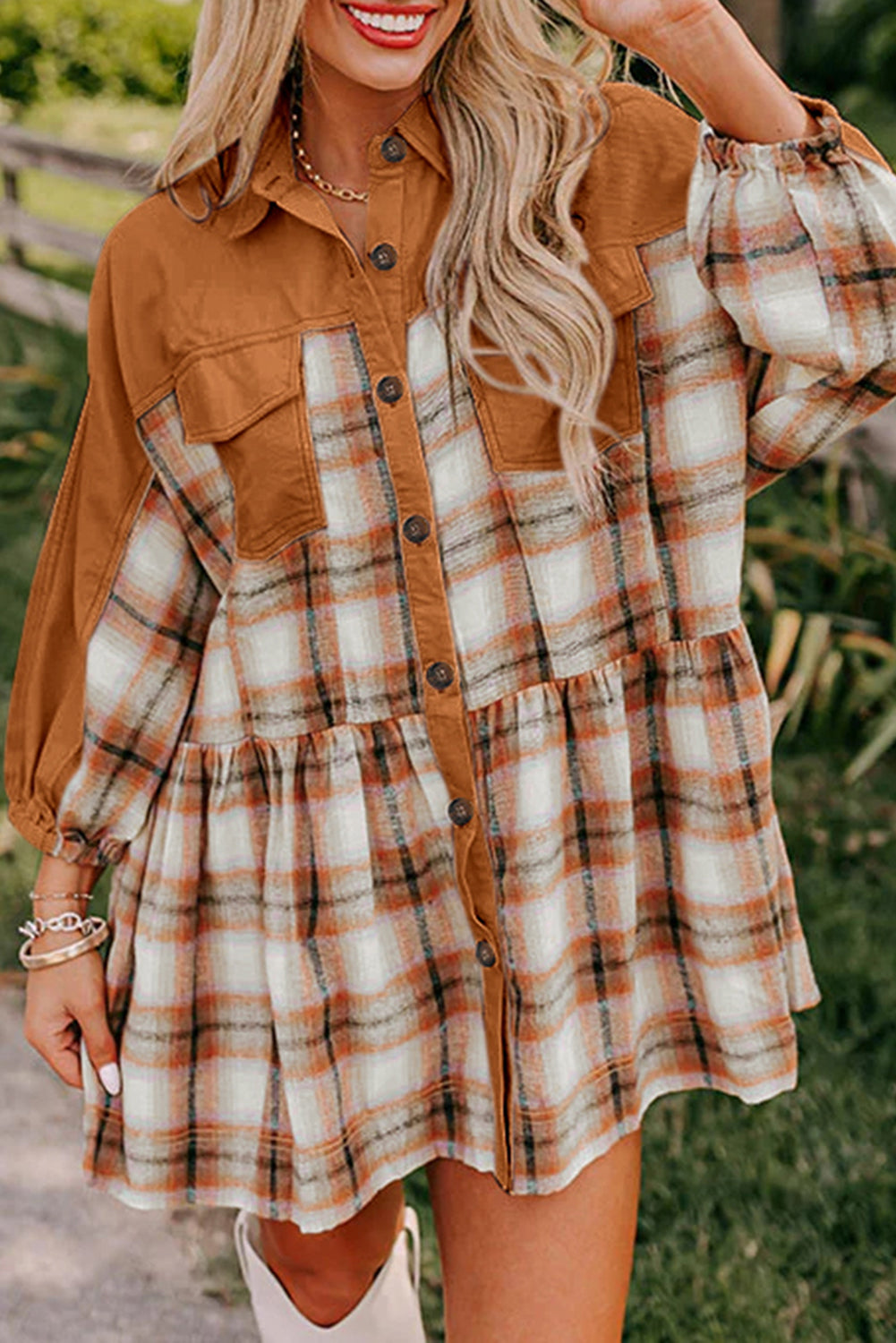 Plaid Color Block Button Up Tunic Shirt Dress
