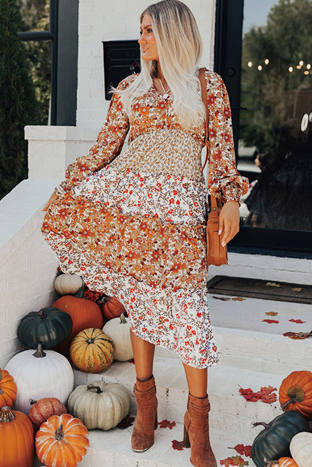 Floral Print Ruffled V Neck Long Sleeve Dress