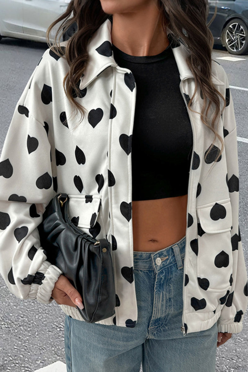 Heart Print Zip Up Sweet Style Cropped Jacket