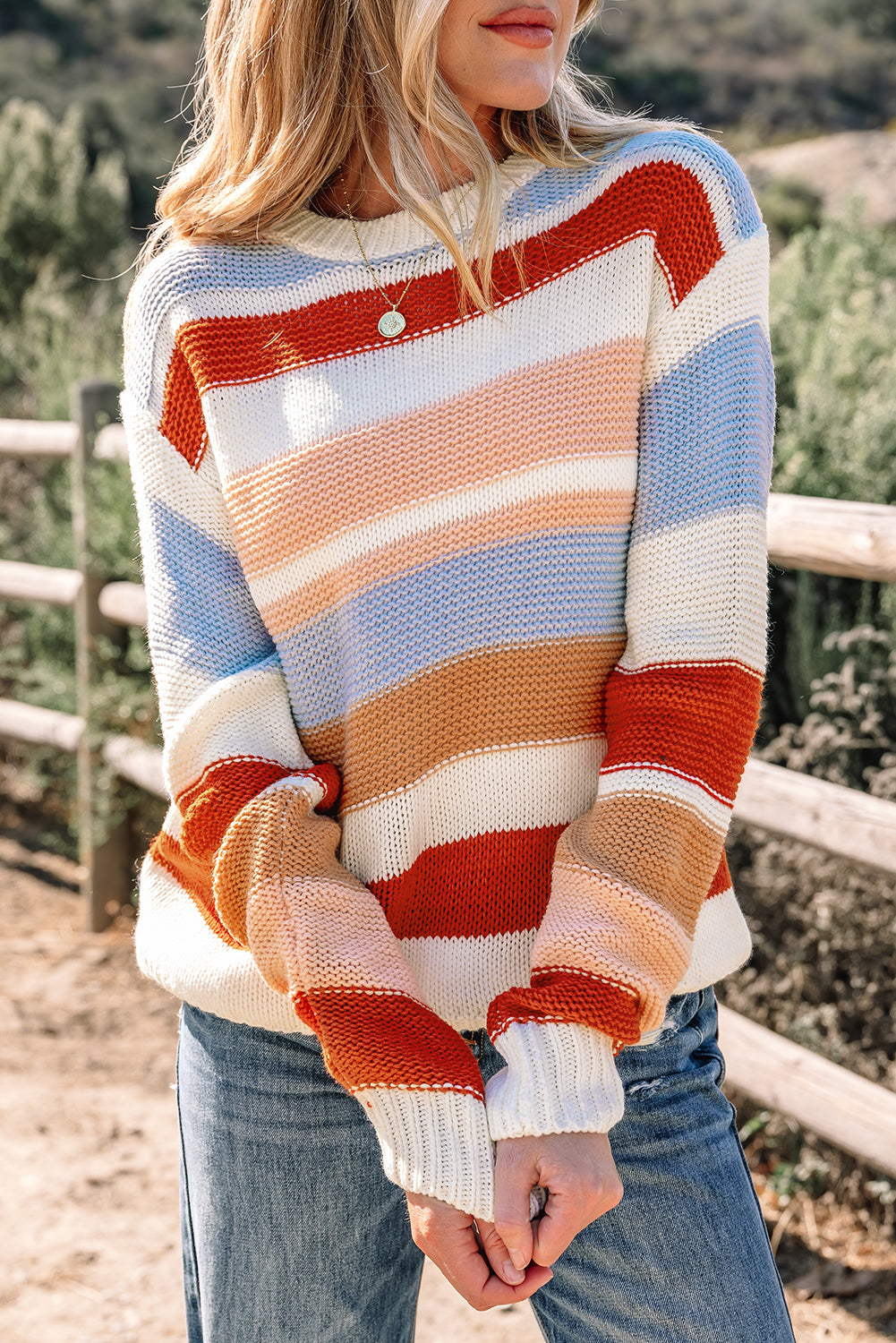 Striped Colorblock Round Neck Drop Shoulder Sweater