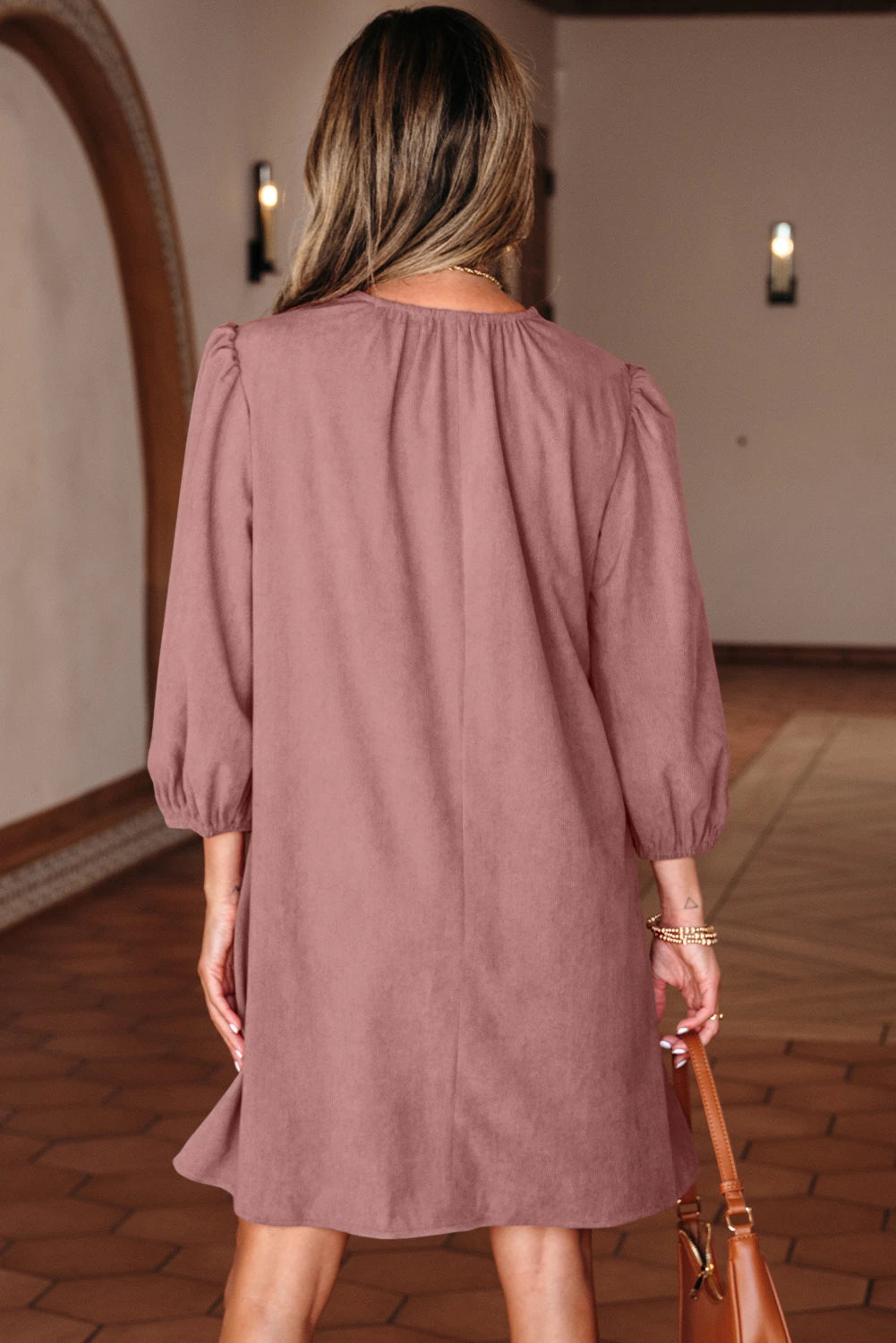 Bracelet Sleeve Split Neck Scallop Pleated Mini Dress
