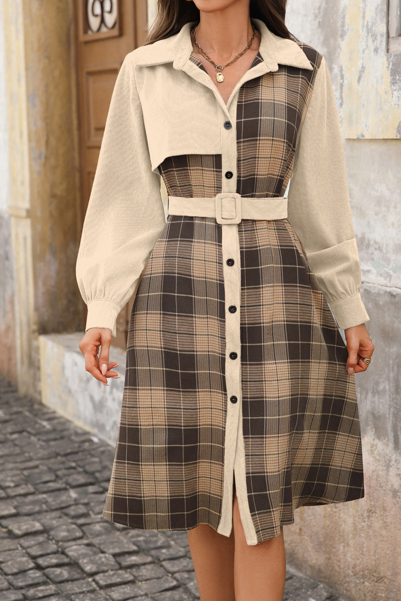 Plaid Patchwork Belted Shirt Collar Midi Dress
