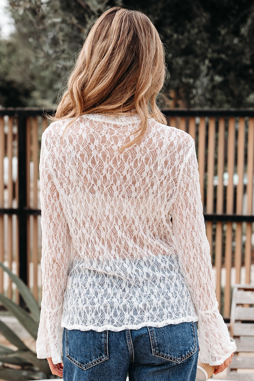 White Sheer Lace Long Sleeve Mock Neck Top
