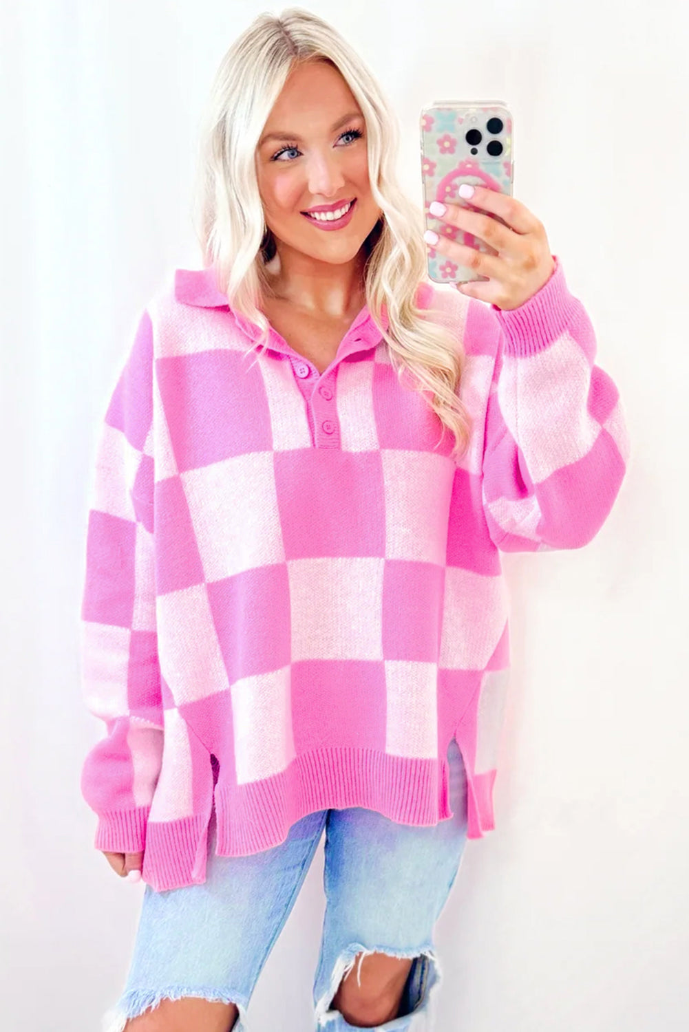 Checkerboard Half Button Collared Drop Shoulder Sweater