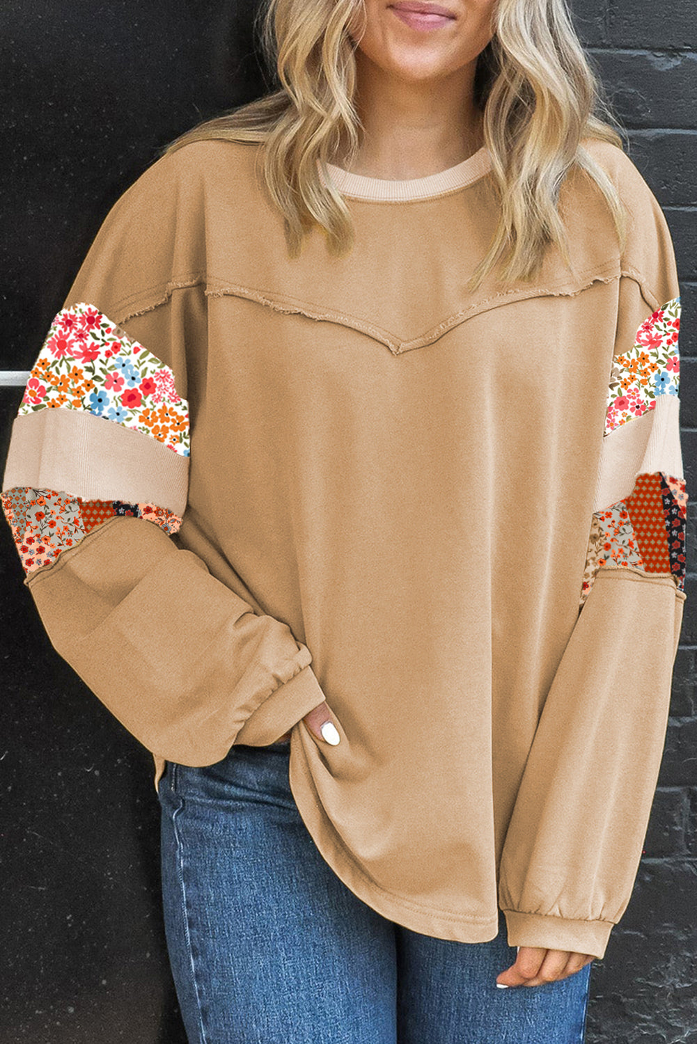 Exposed Seam Floral Mixed Patchwork Relaxed Plus Size Top