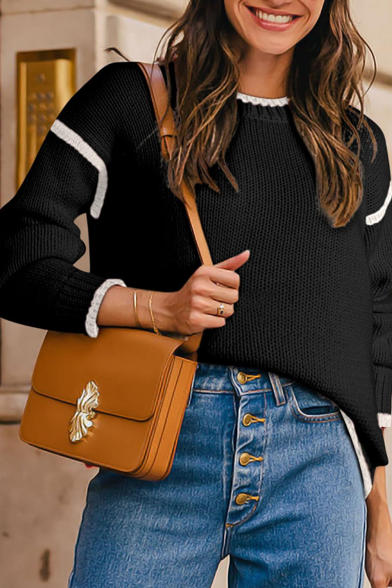 Women Color Block Crew Neck Pullover Sweater