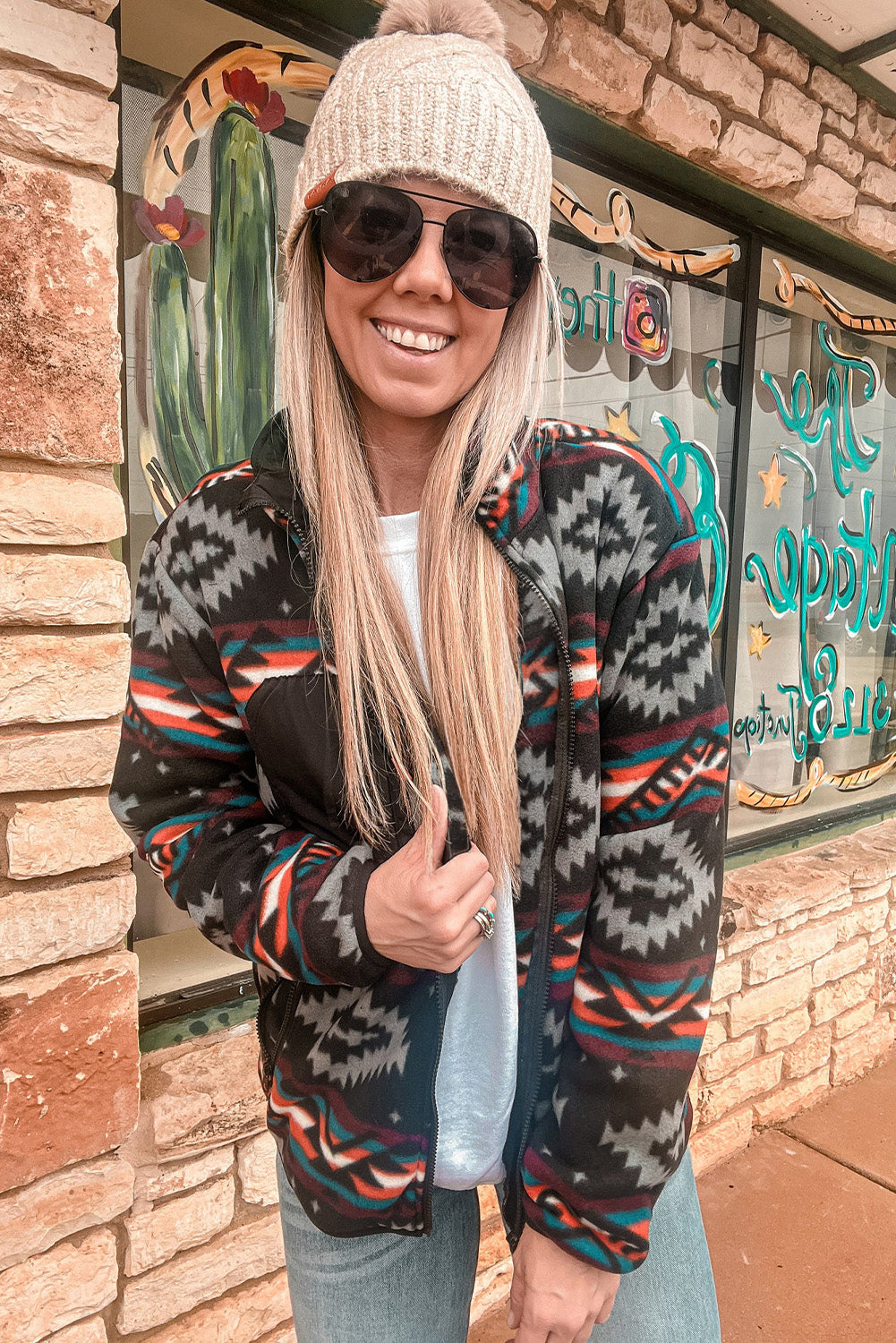 Black Aztec Print Zip Up Western Fleece Jacket