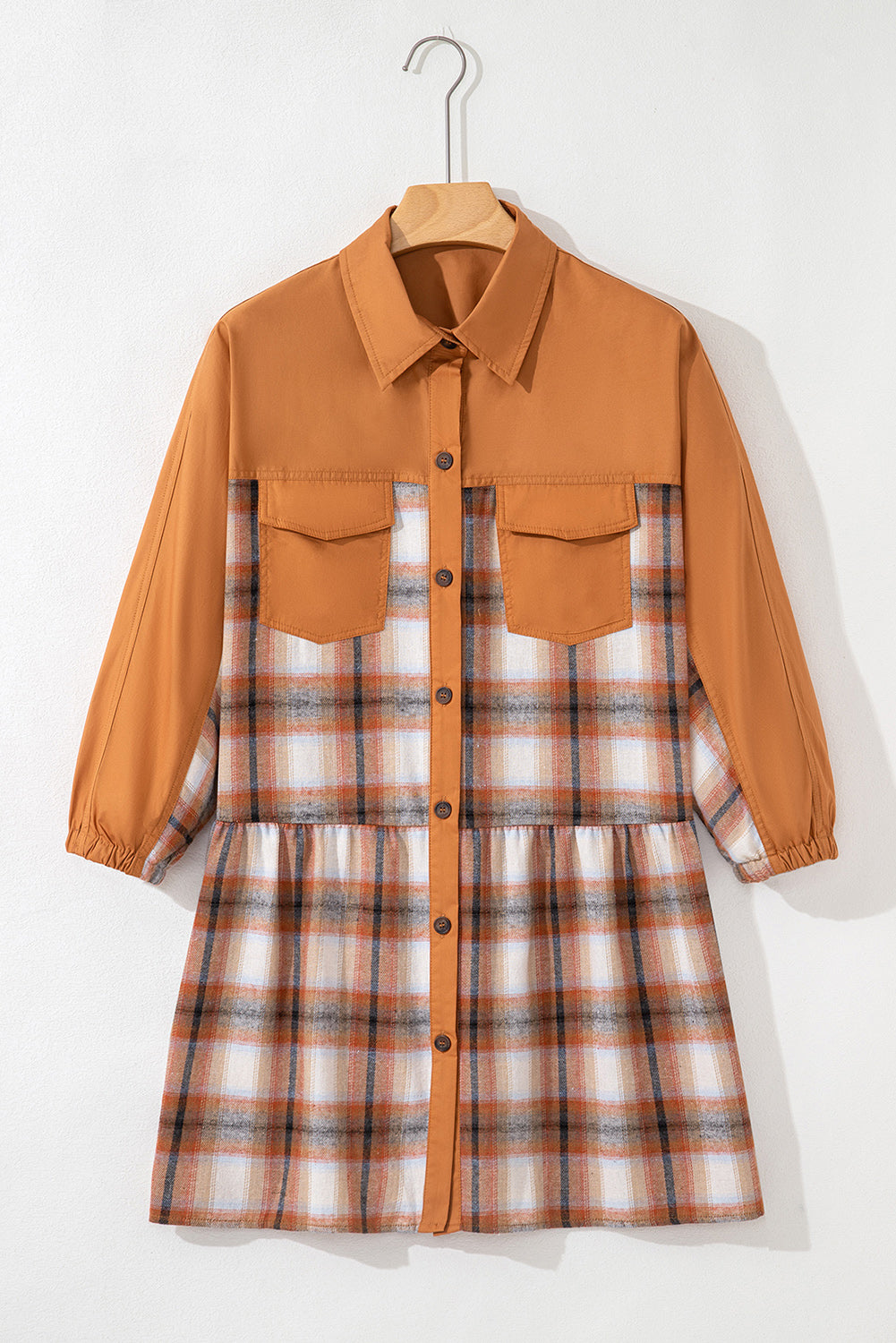 Plaid Color Block Button Up Tunic Shirt Dress