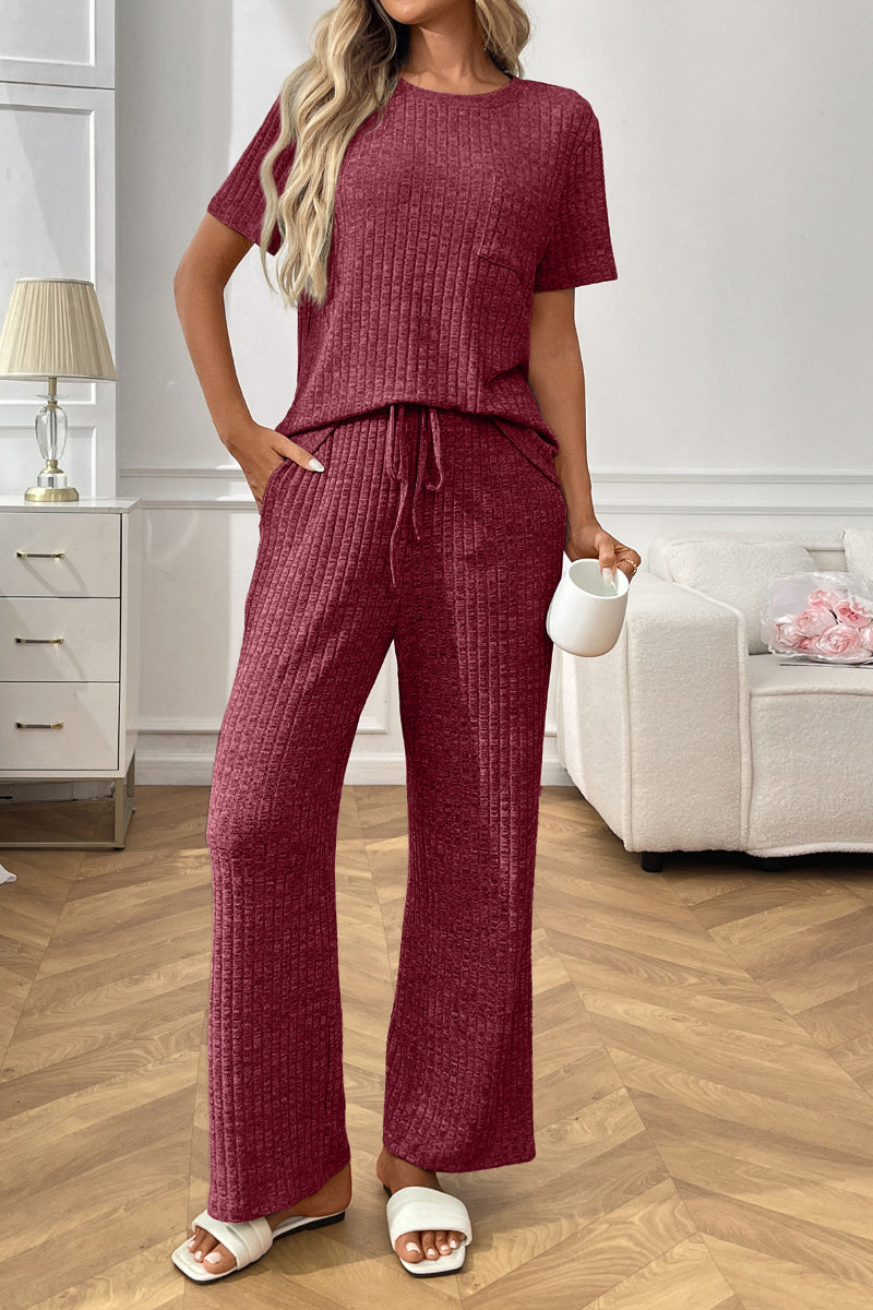 Women’s Casual Ribbed Pajama Set, Short Sleeve Pants