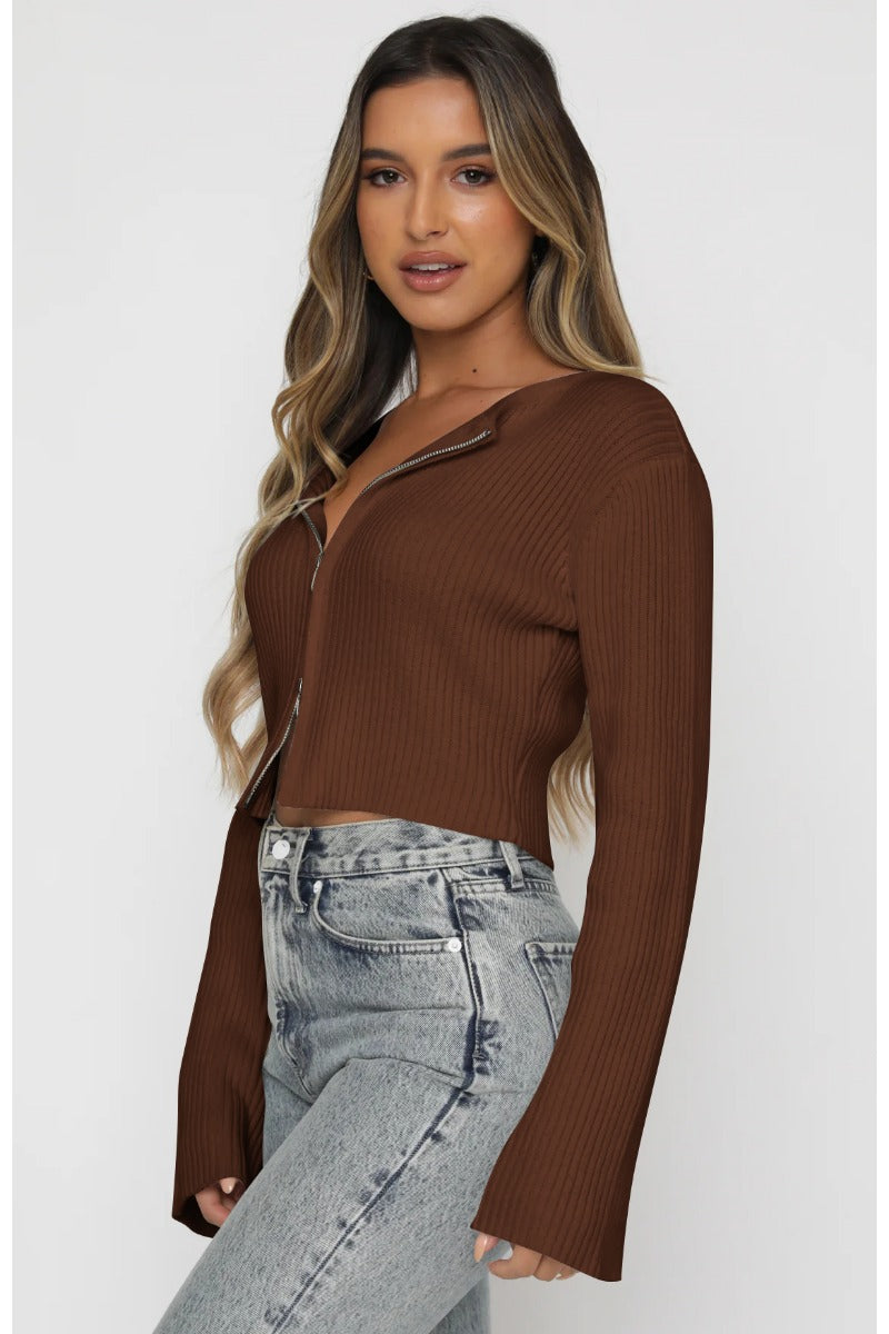 Womens Zip Up Ribbed Knit Sweater Long Sleeve Top
