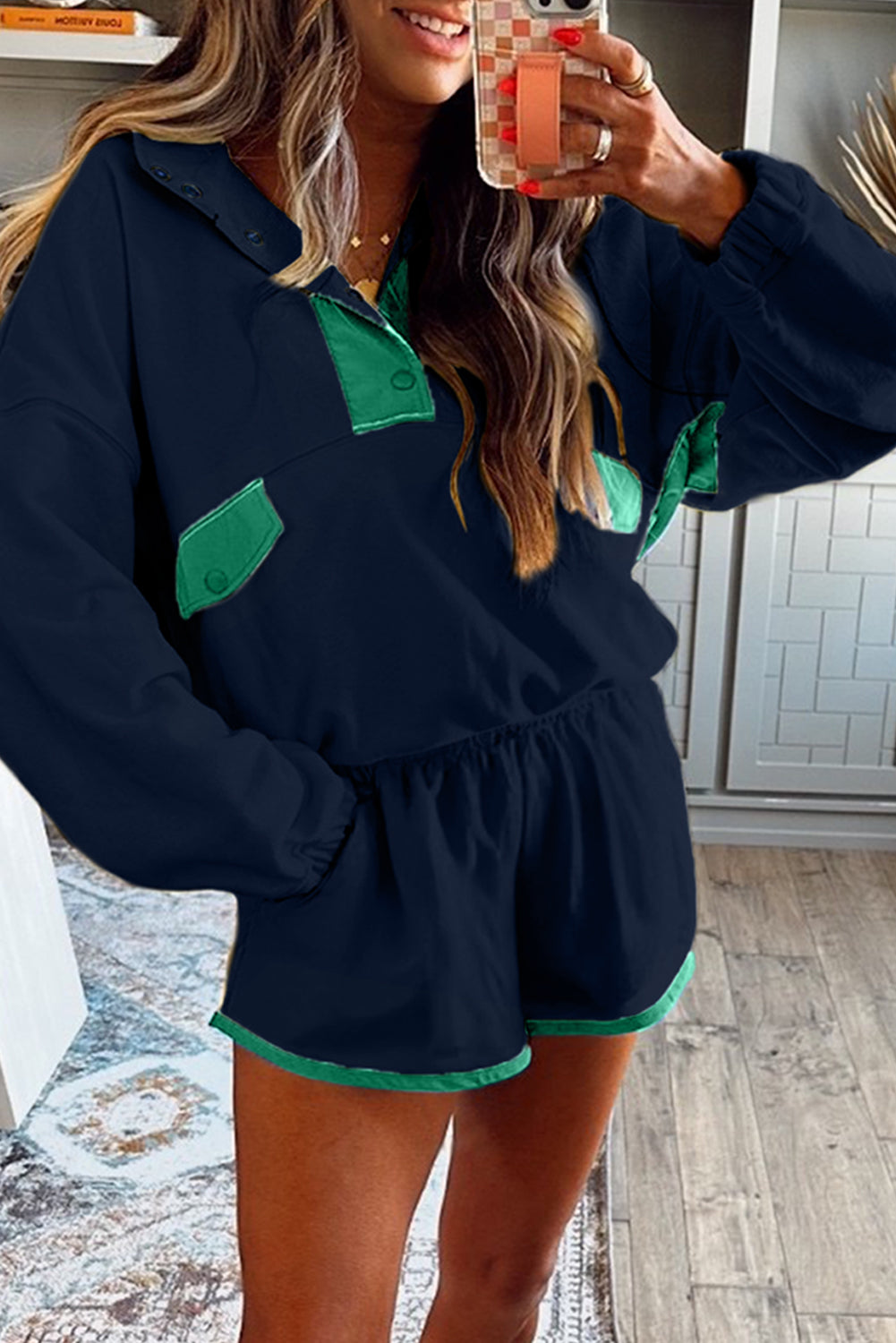 Yellow Color Block Patchwork Half Button Pullover and Shorts 2pcs Outfit