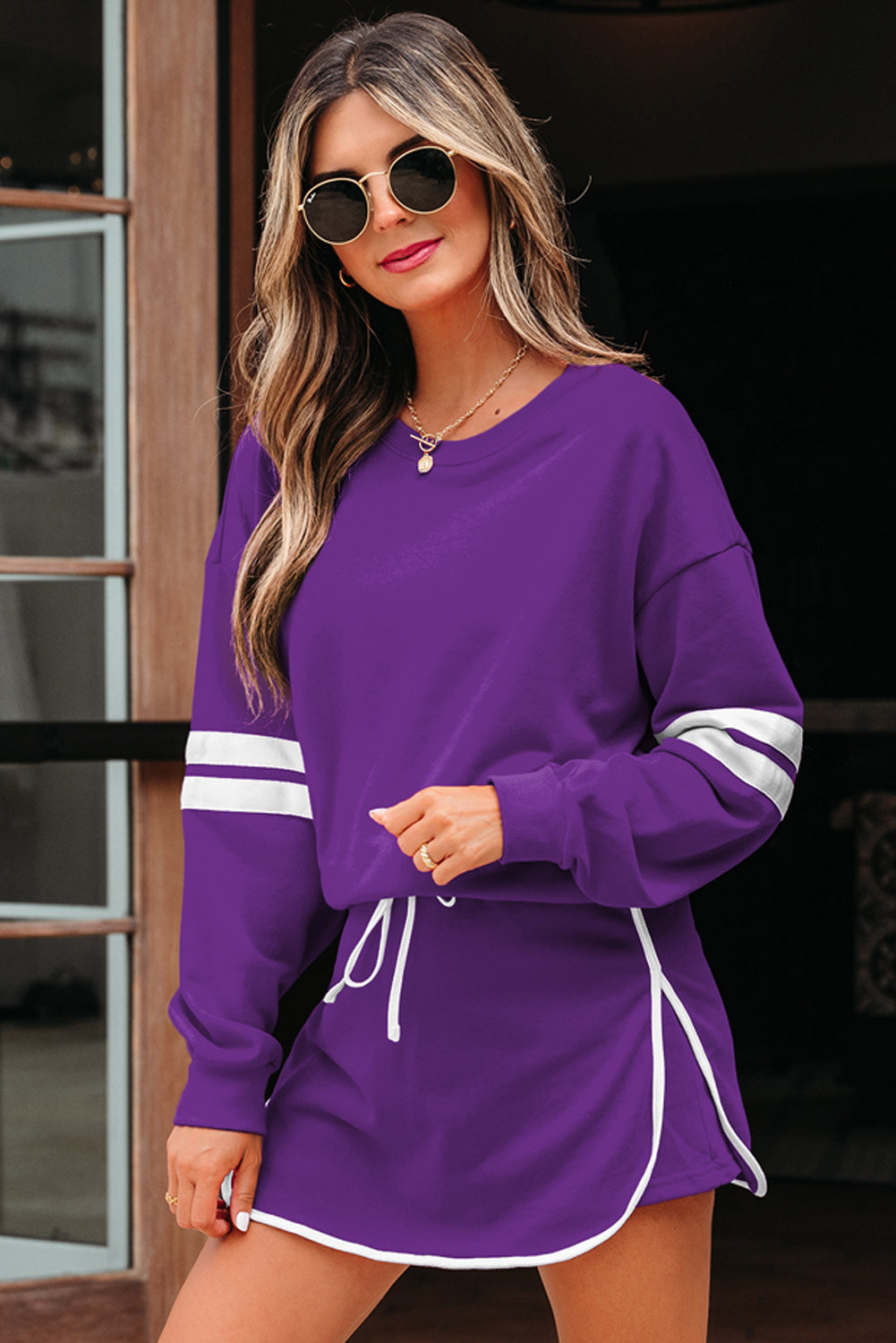 Varsity Stripe Pullover and Mini Skirt Two Piece Set