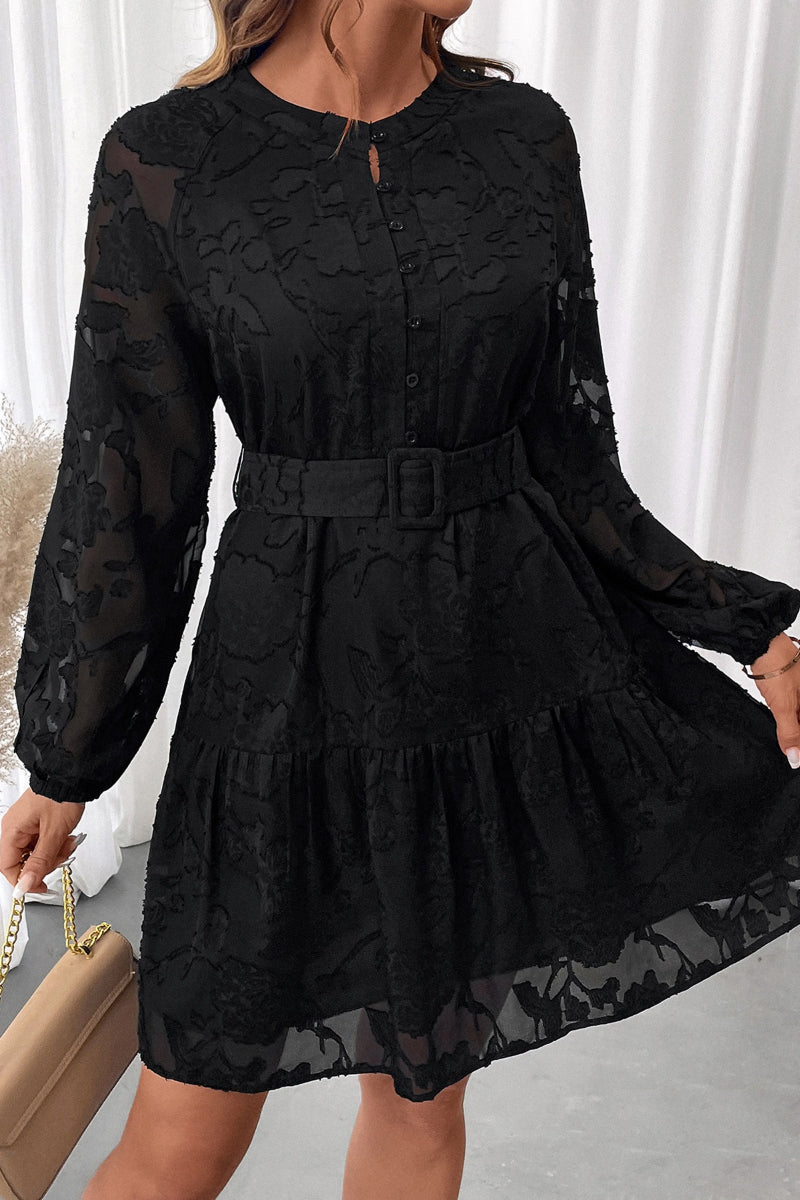 Festive Jacquard Long Sleeve Belted Party Dress