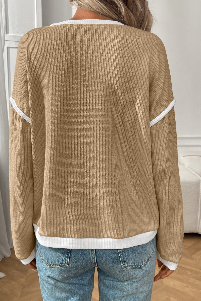 Colorblock Knit Look Crewneck Pullover Top