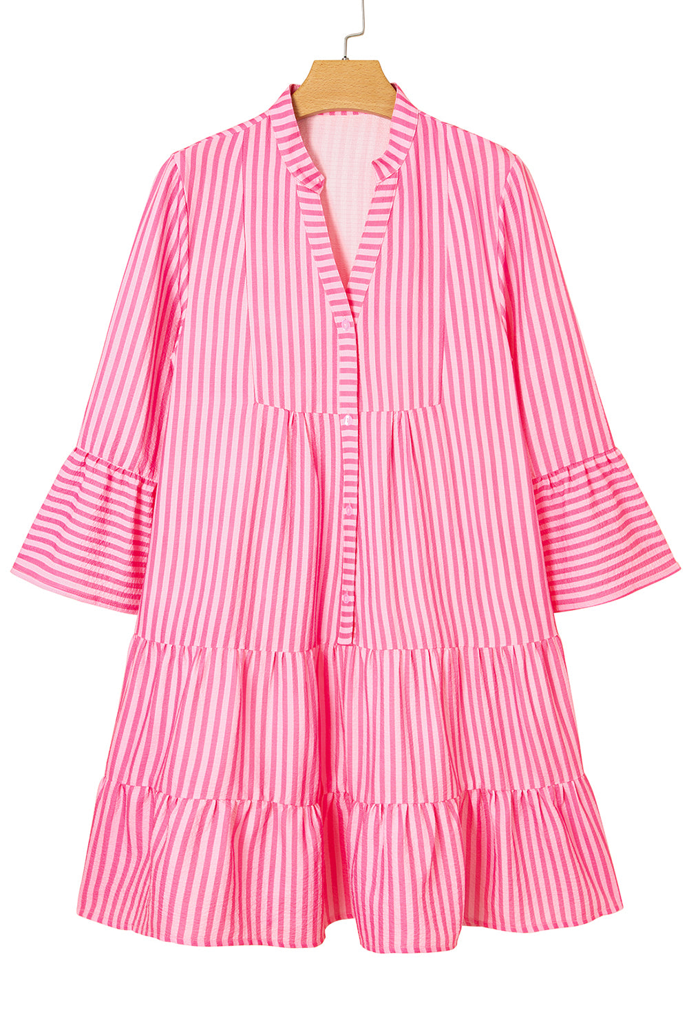 Pink Stripe V Neck Flare Sleeve Mini Dress