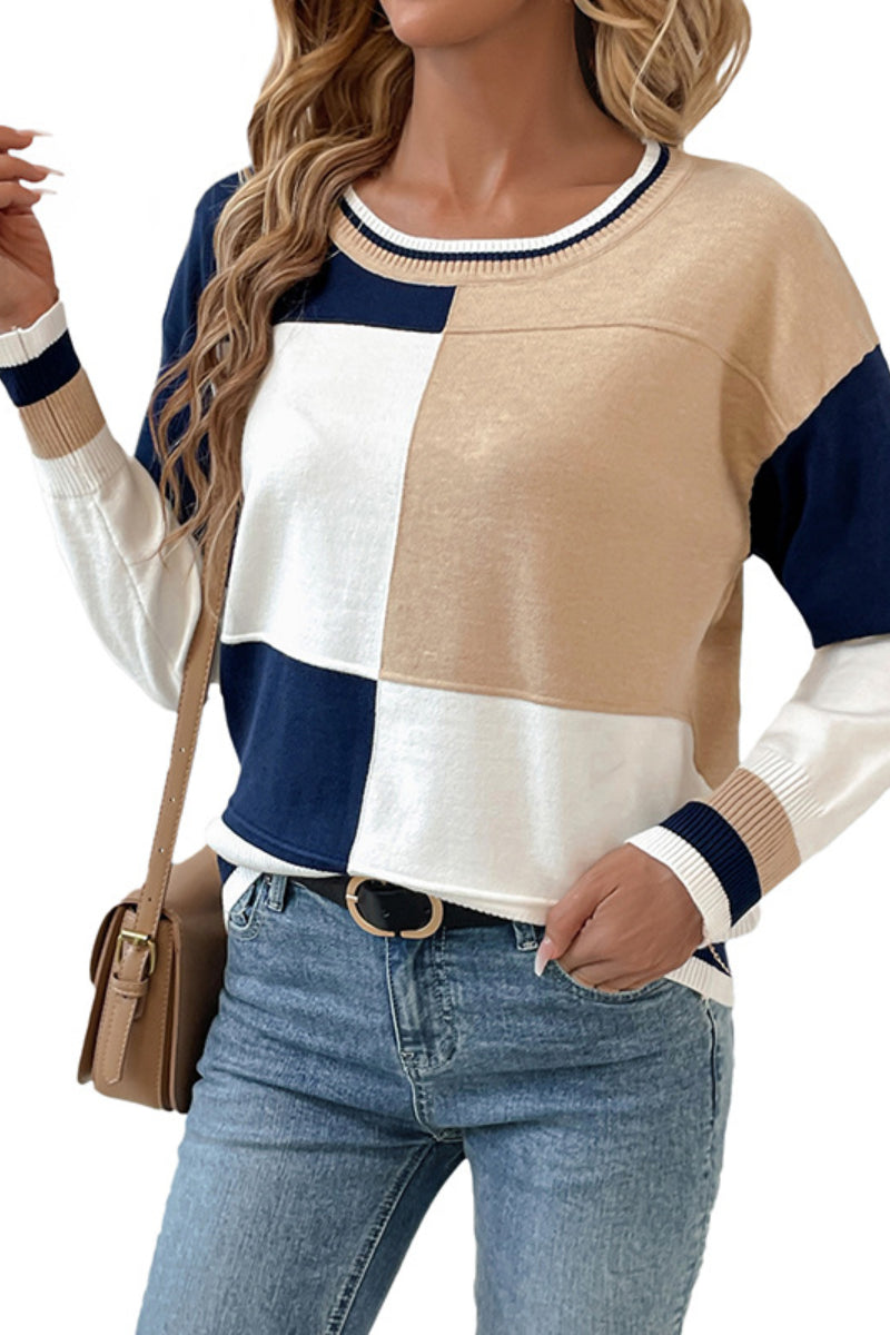 Colorblock Knit Pullover Crewneck Sweater Top