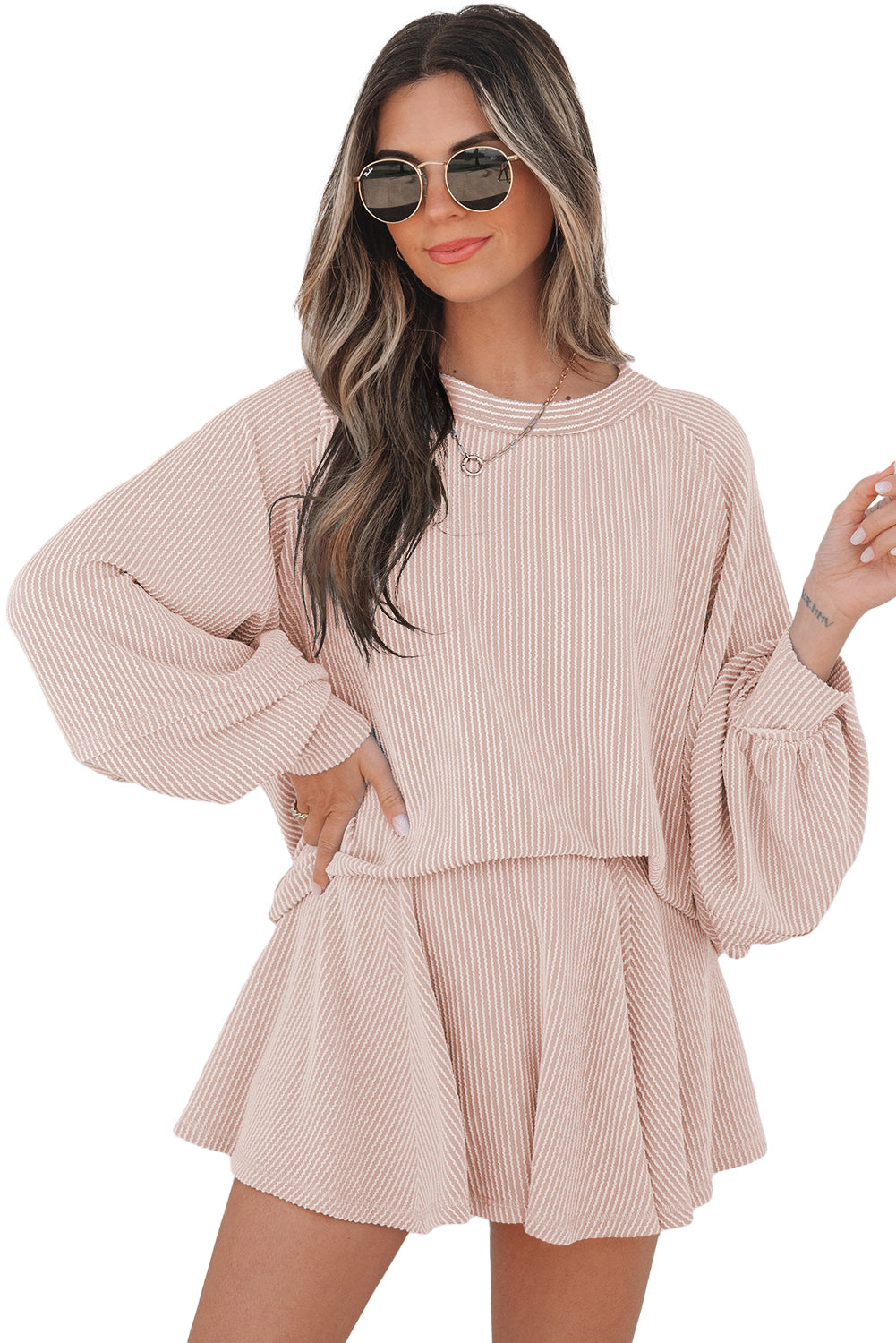 Corded Lantern Sleeve Top High Waist Ruffled Skirt Set
