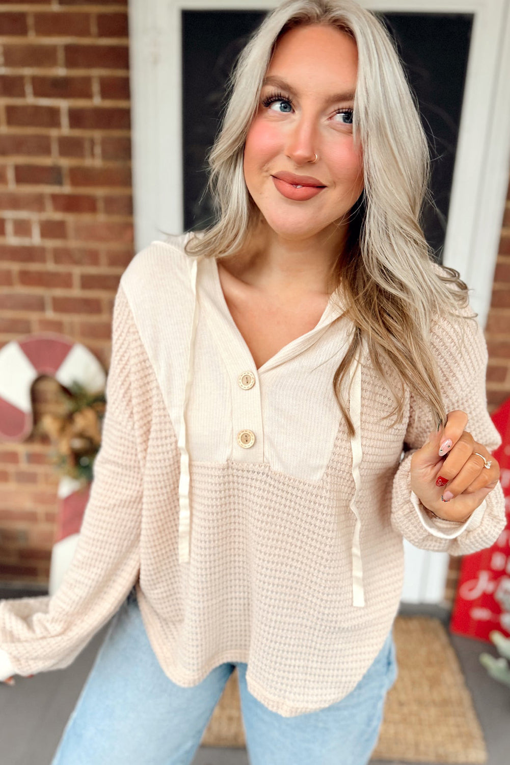 Waffle Patchwork Drop Shoulder Hooded Long Sleeve Top