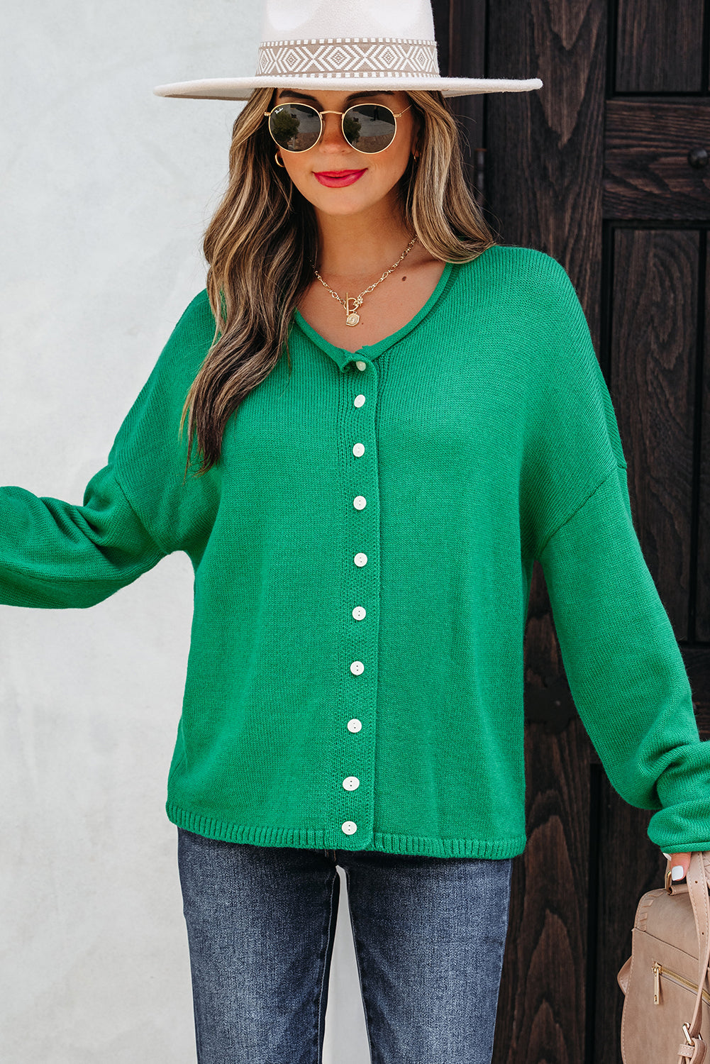 Bright Green Knit Button Front Drop Shoulder Cardigan