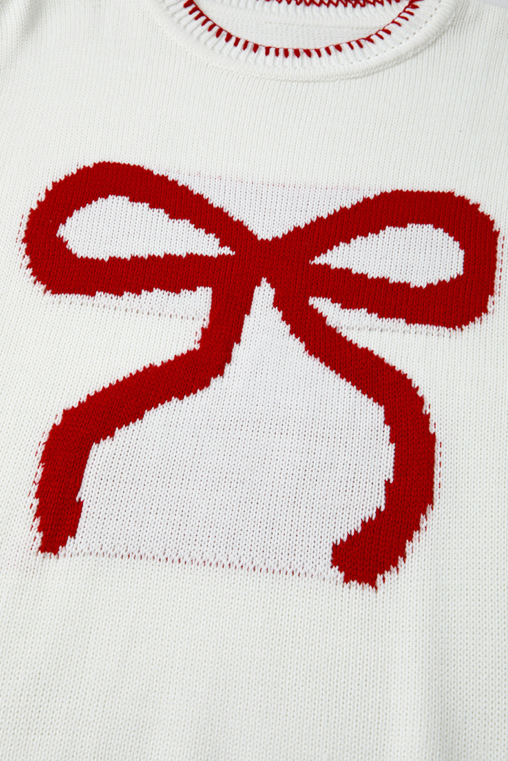 Bow Pattern Contrast Trim Christmas Loose Sweater