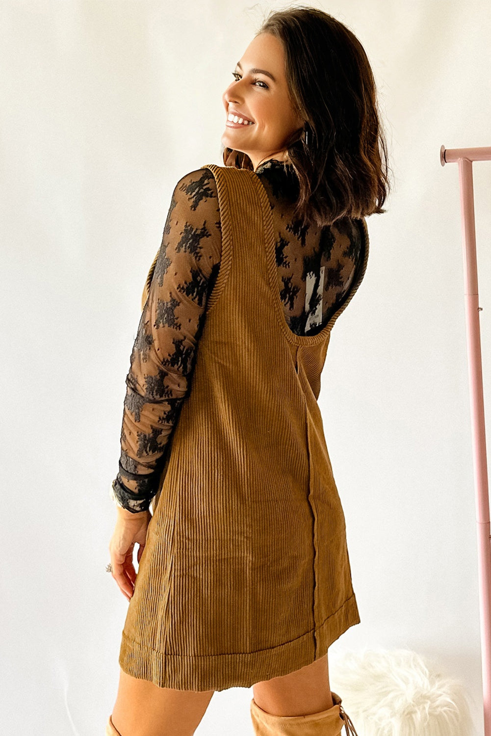 Corduroy Sleeveless Mini Dress With Patched Pockets