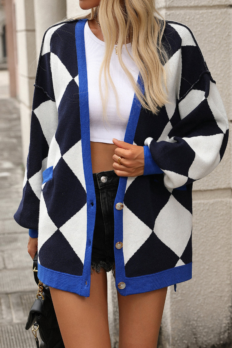 V-neck Colorblock Knit Cardigan Sweater - Casual and Chic