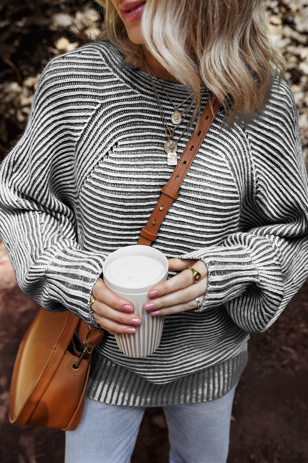 Striped Knit Oversized Boat Neck Fall Sweater