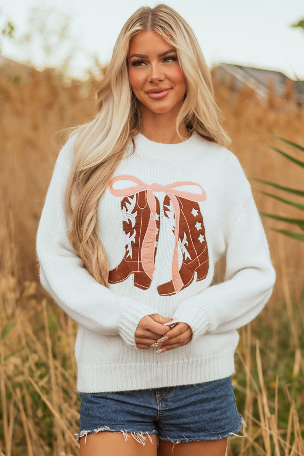 Western Boots Embroidered Bow Knit Sweater