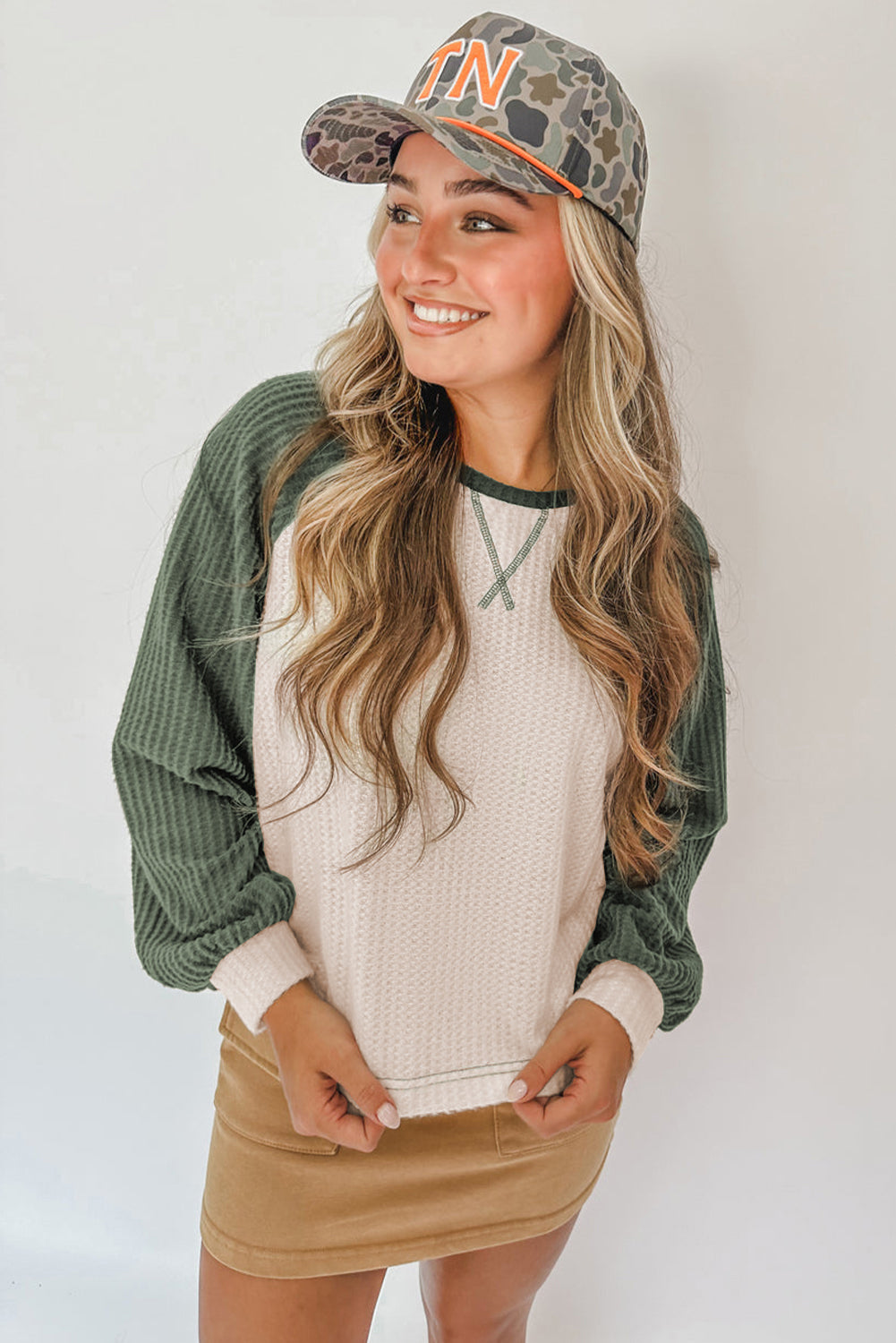 Waffle Knit Color Block Long Sleeve Top