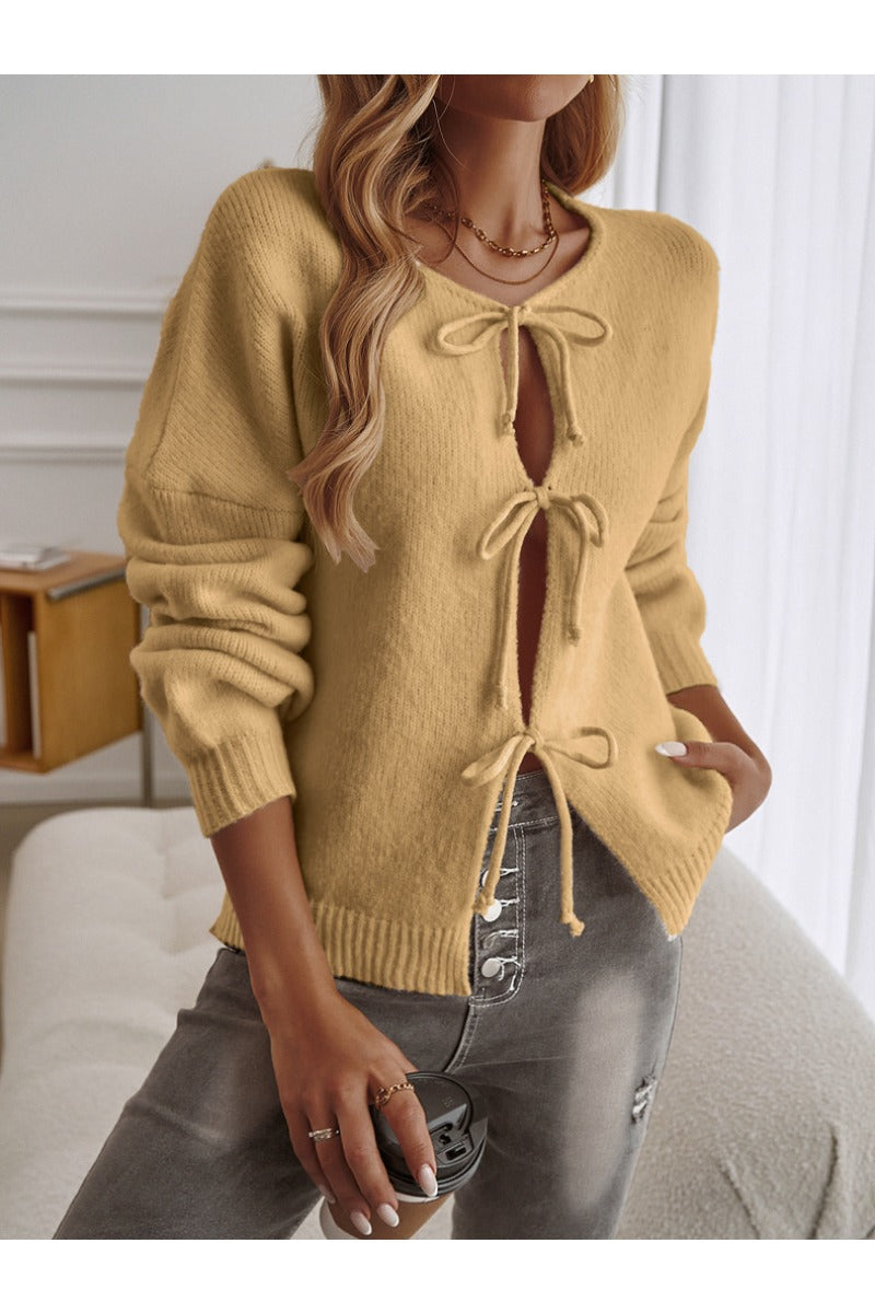 Casual Loose Cardigan Strap-Up Solid Color Sweater
