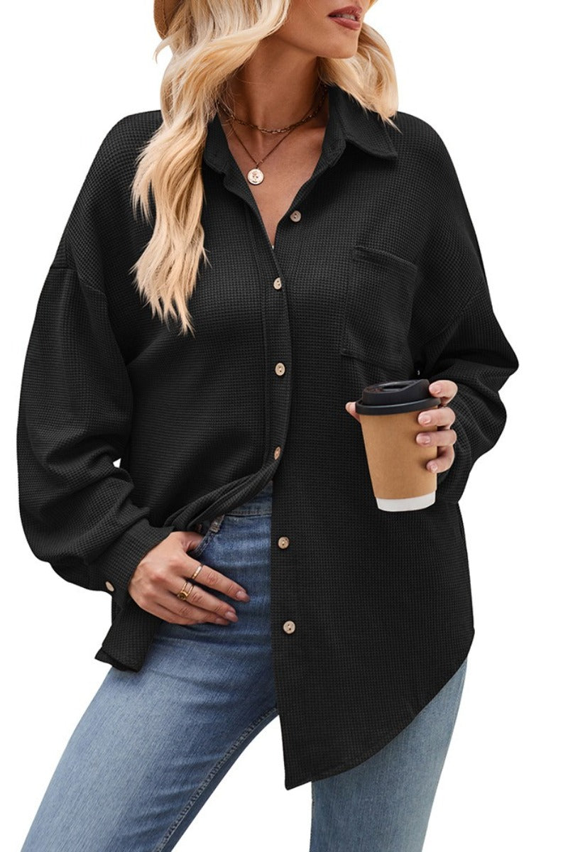 Waffle Knit Button Down Loose Fit Pocket Shirt Top