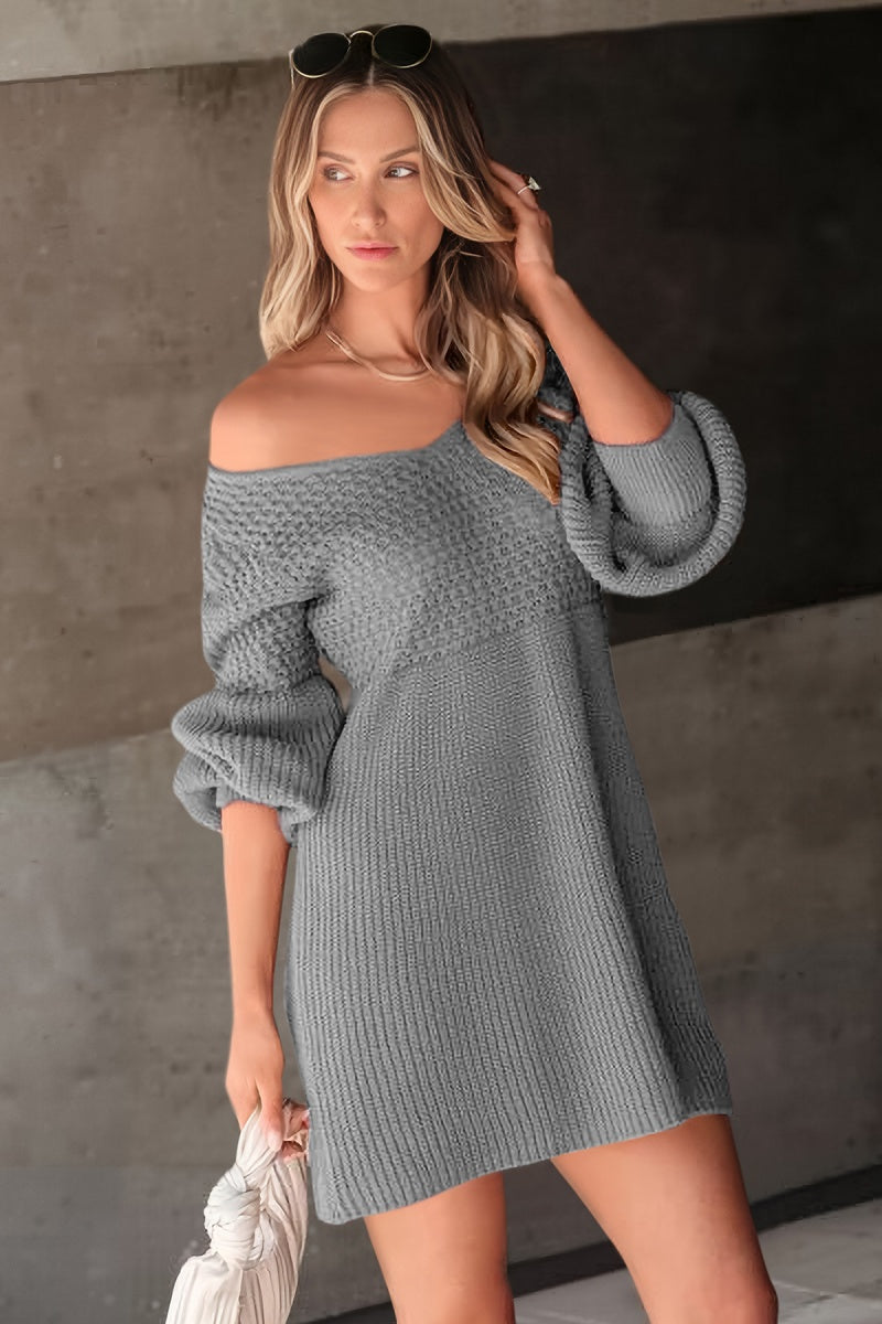 V Neck Long Sleeve Knit Sweater Dress with Balloon Sleeves