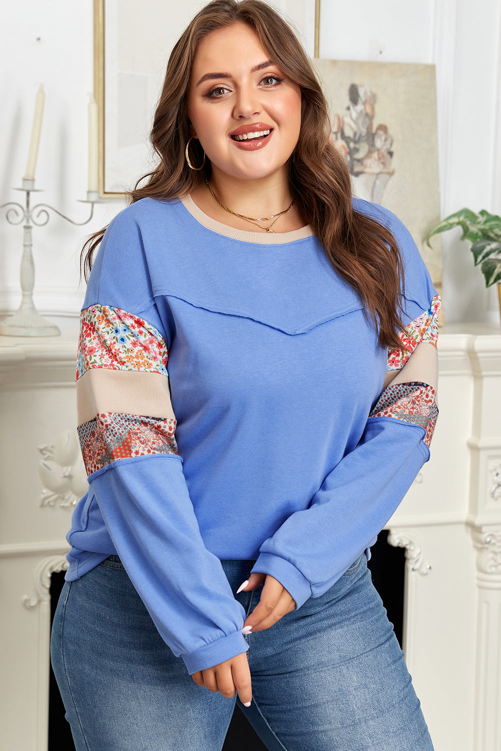 Exposed Seam Floral Mixed Patchwork Relaxed Plus Size Top