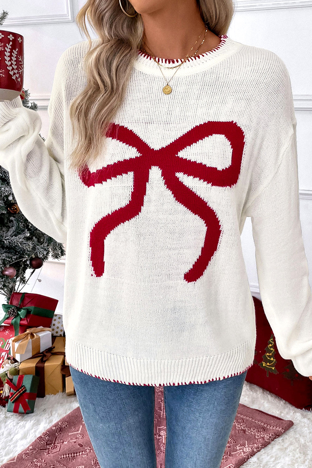 Bow Pattern Contrast Trim Christmas Loose Sweater