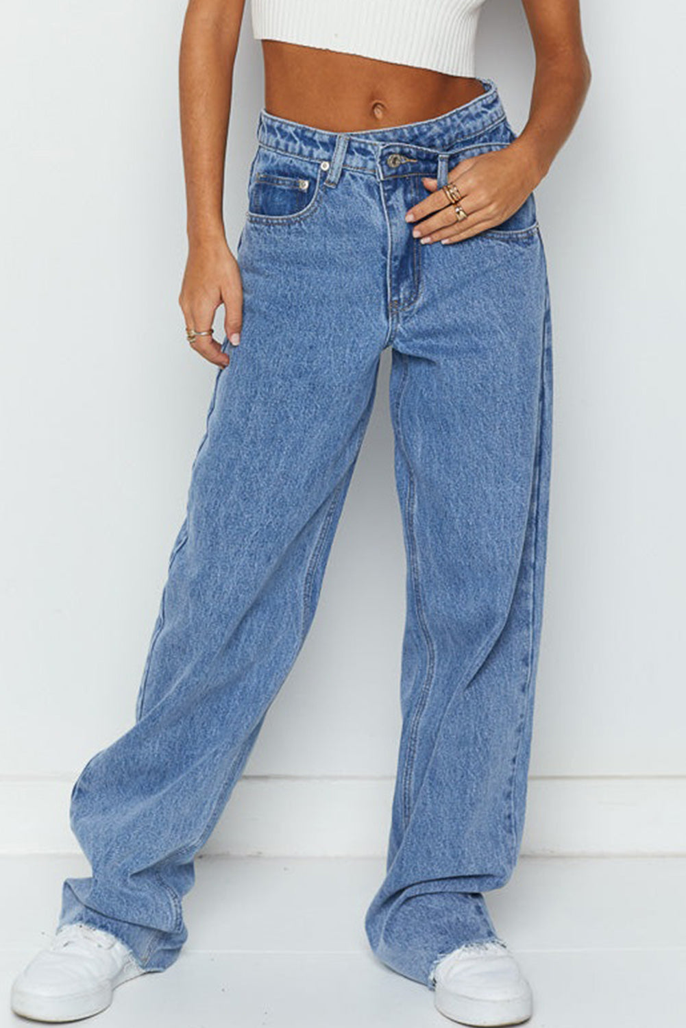 Mid Rise Asymmetrical Waist Wide Leg Jeans