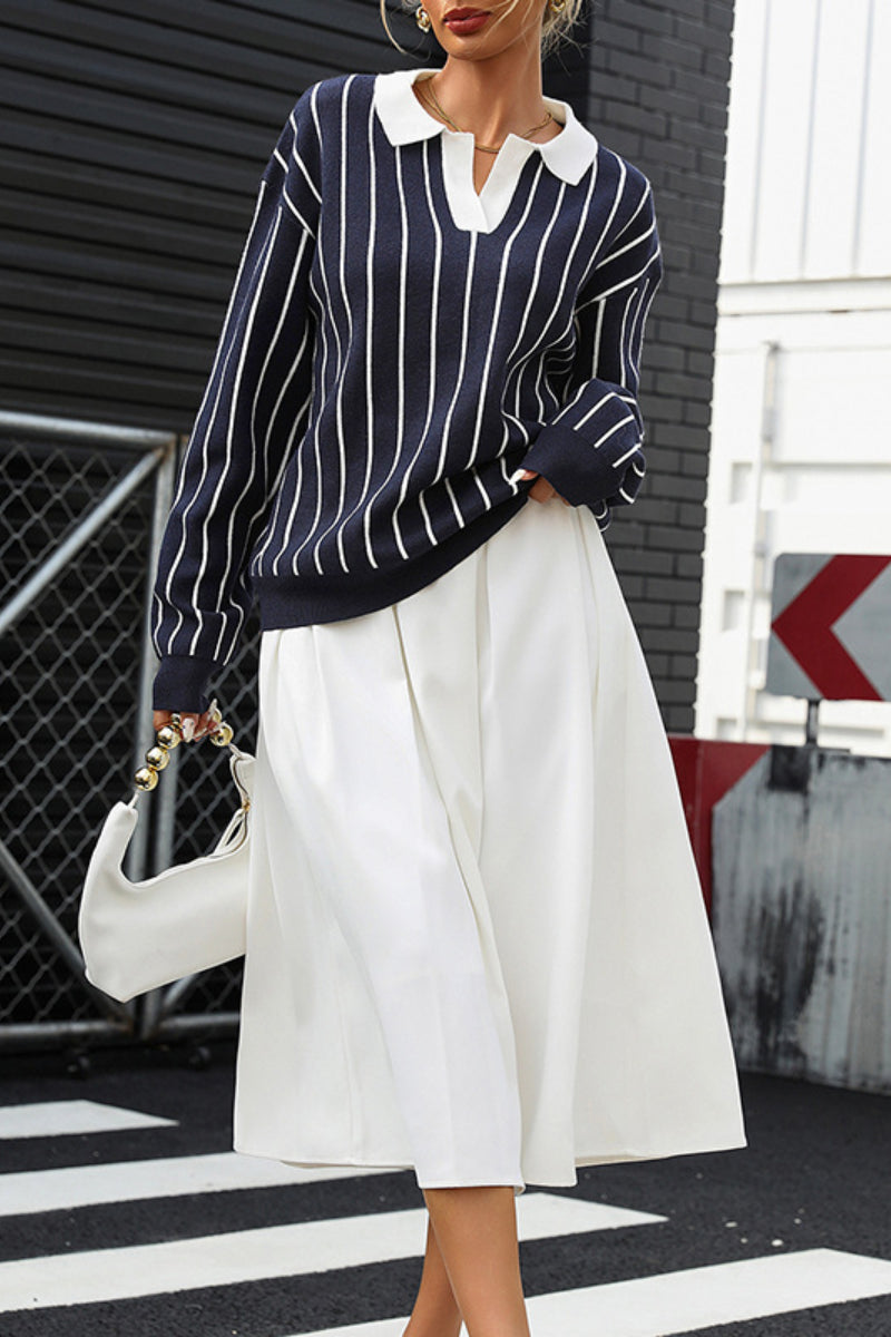 Striped Knit Polo Sweater Long Sleeve Street Style