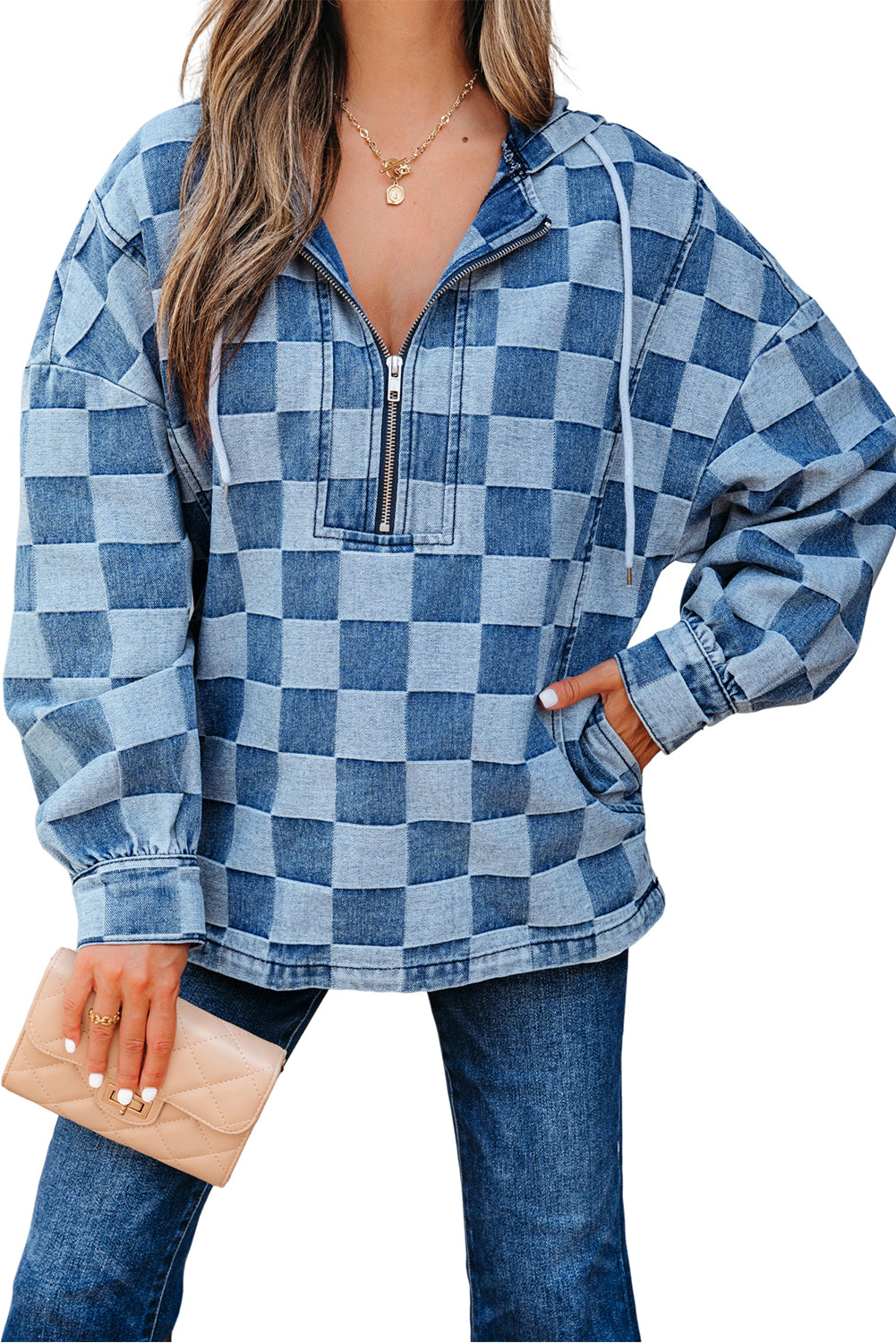 Checkerboard Quarter Zip Kangaroo Pocket Denim Top