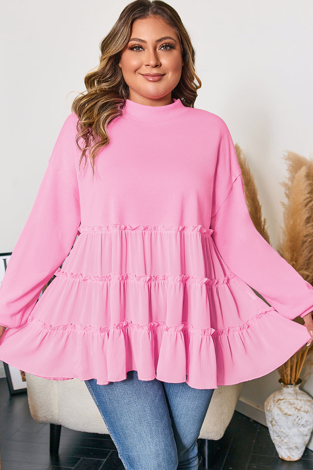 Tiered Ruffle Ribbed Crew Neck Pullover Plus Size Top