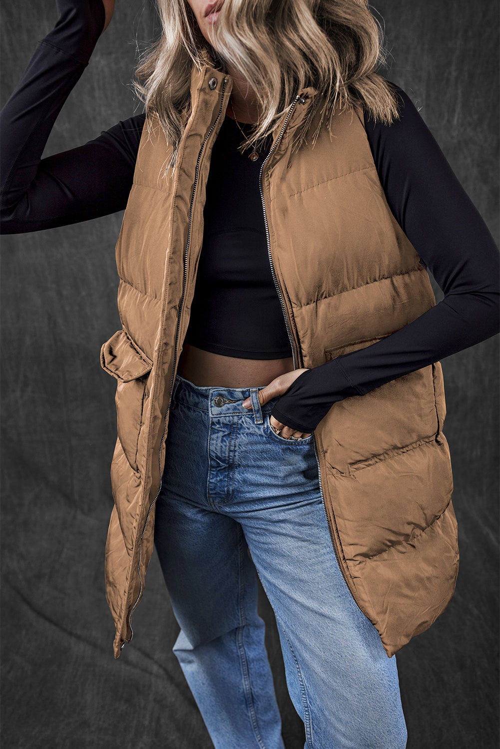 Windproof Longline Puffer Vest with Pockets