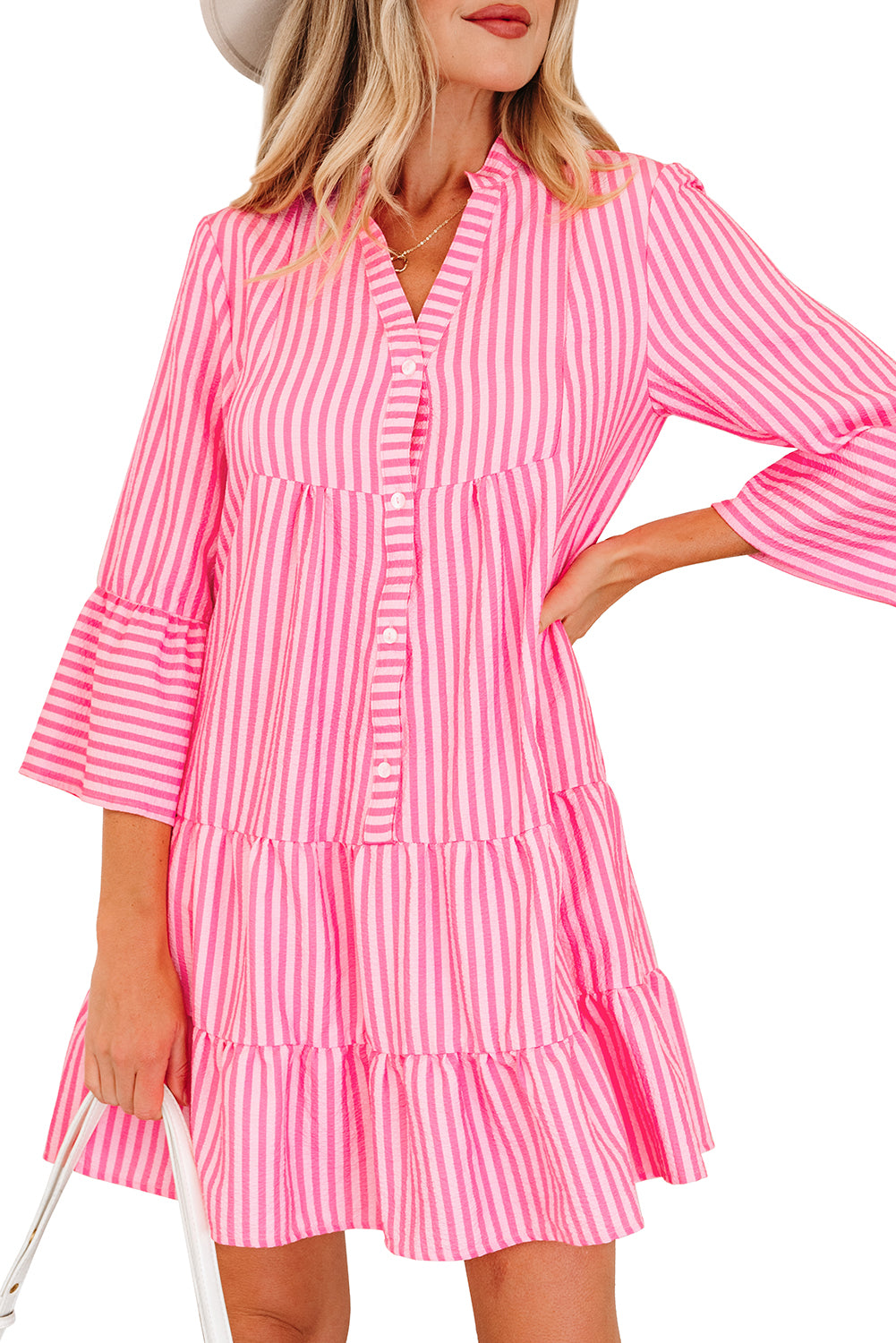 Pink Stripe V Neck Flare Sleeve Mini Dress