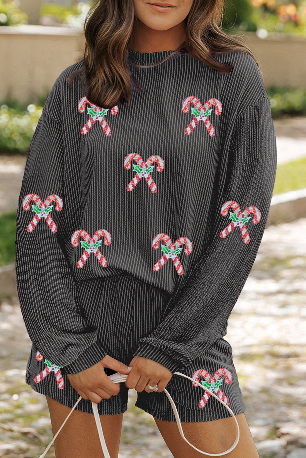 Candy Cane Sequin Long Sleeve Holiday Top and Shorts Set