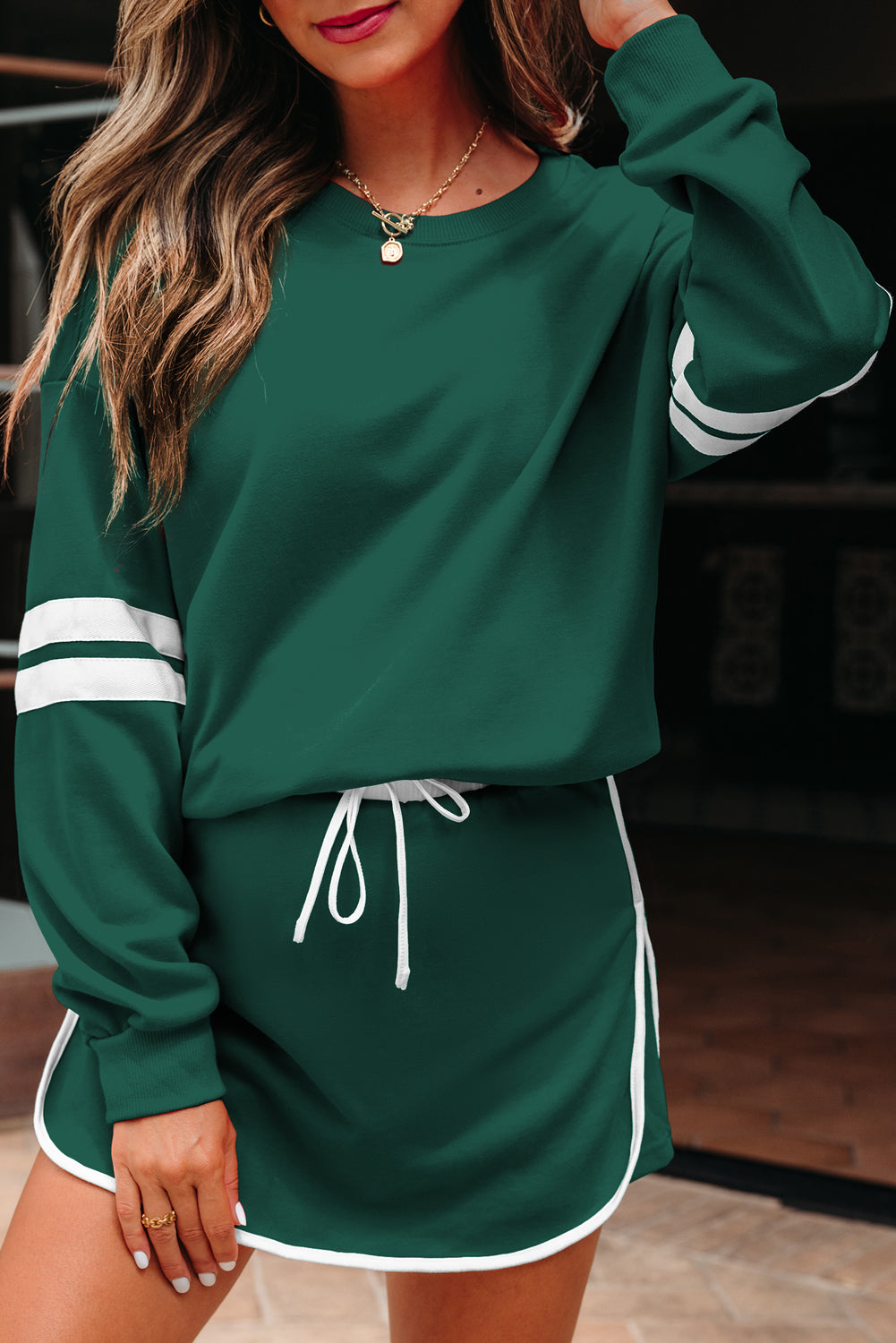 Varsity Stripe Pullover and Mini Skirt Two Piece Set