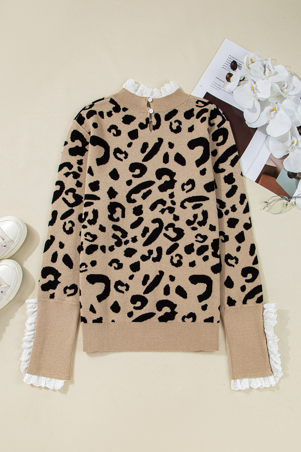 Leopard Print Lace Detail Long Sleeve Sweater