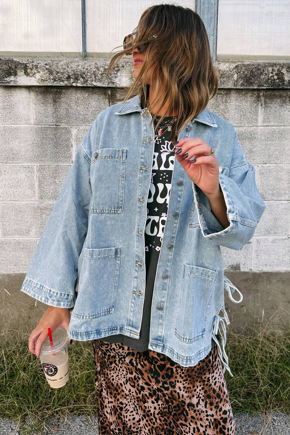 Beau Blue Side Tie Denim Jacket with Multi Pockets