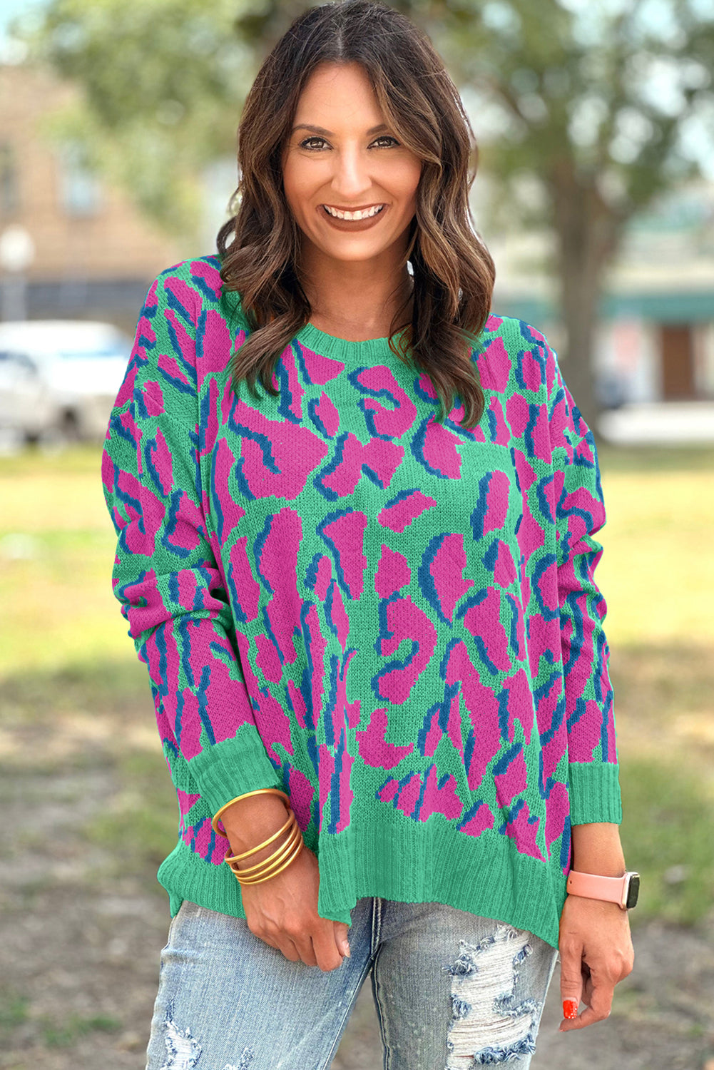 Vitality Orange Abstract Leopard Knit Sweater
