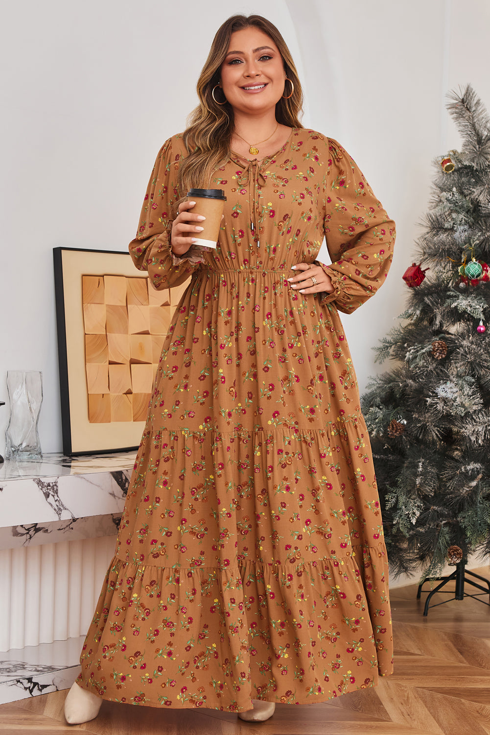 Plus Size Holiday Floral Tiered Maxi Dress