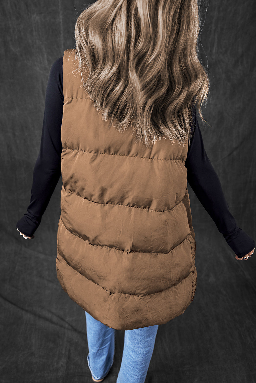 Windproof Longline Puffer Vest with Pockets