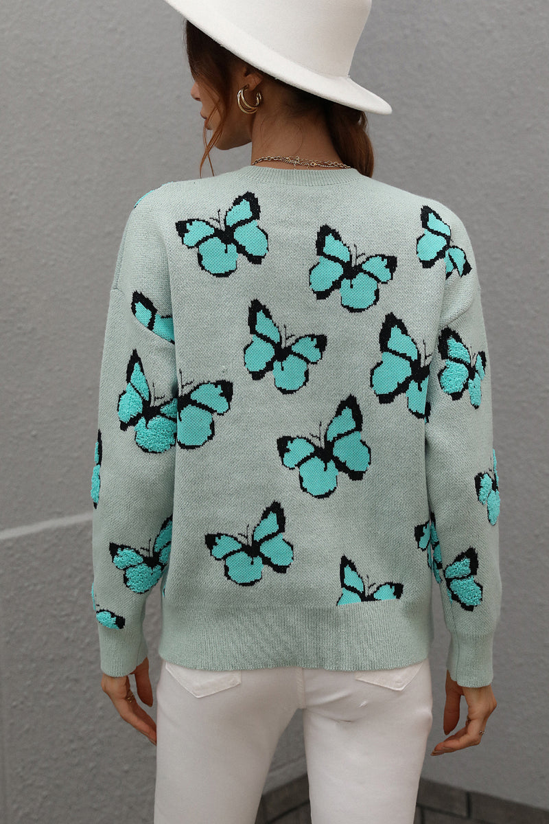 Womens Butterfly Print Crewneck Knit Sweater